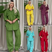 亚马逊爆款2025秋冬季跨境新款外贸女装长袖衬衫宽松裤子两件套装