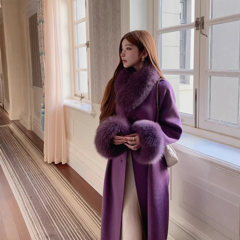 Luxury Lady's 2026 Autumn/Winter New Double-Sided Cashmere Coat for Women with Fox Fur, Mid-Length Woolen Fur Coat