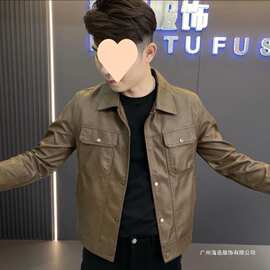 欧货男士皮机车夹克外套新款2025秋季韩版修身翻领潮流帅气皮夹克