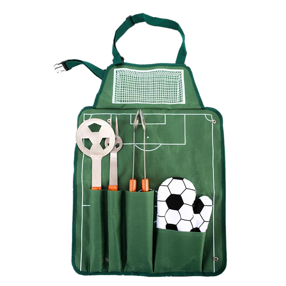 Amazon Cross-border venta caliente fútbol de acero inoxidable juego de utensilios de parrilla con mango de madera al aire libre BBQ herramientas de barbacoa combinación de bolsa de tela