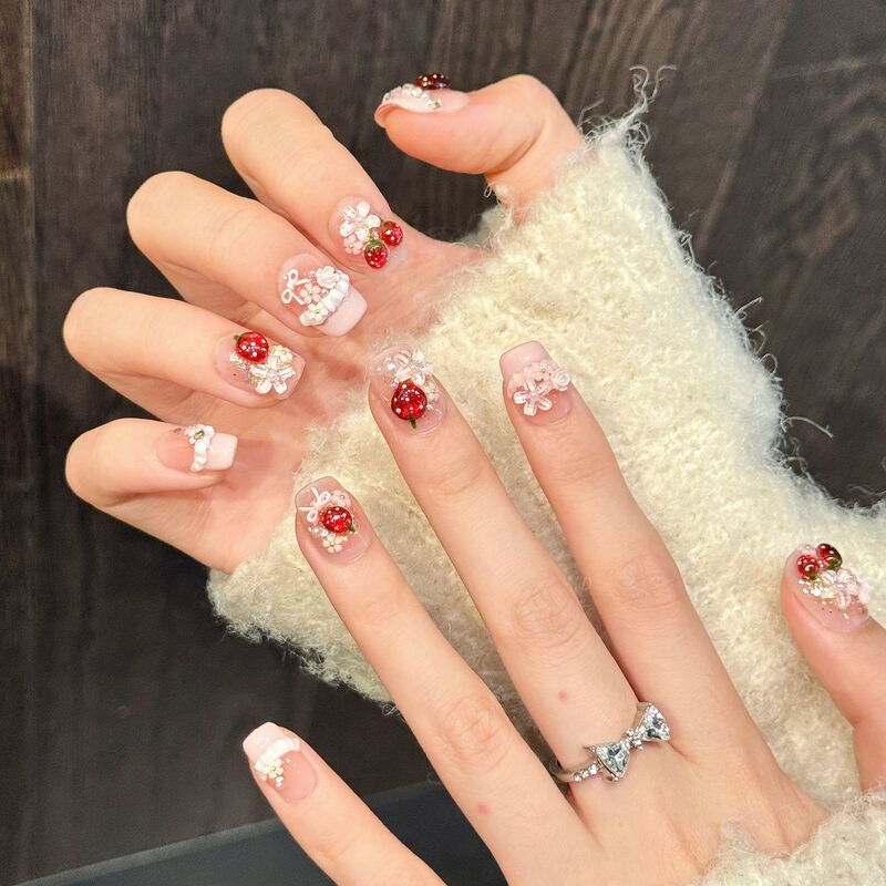 Zan Cui Original【Sweet Berry Ice Cream】Pink Strawberry Wearable Nails Pearl Sweet Girly Style Handmade Nail Stickers Zan Cui Original【Sweet Berry Ice Cream】Pink Strawberry Wearable Nails Pearl Sweet Girly Style Handmade Nail Stickers