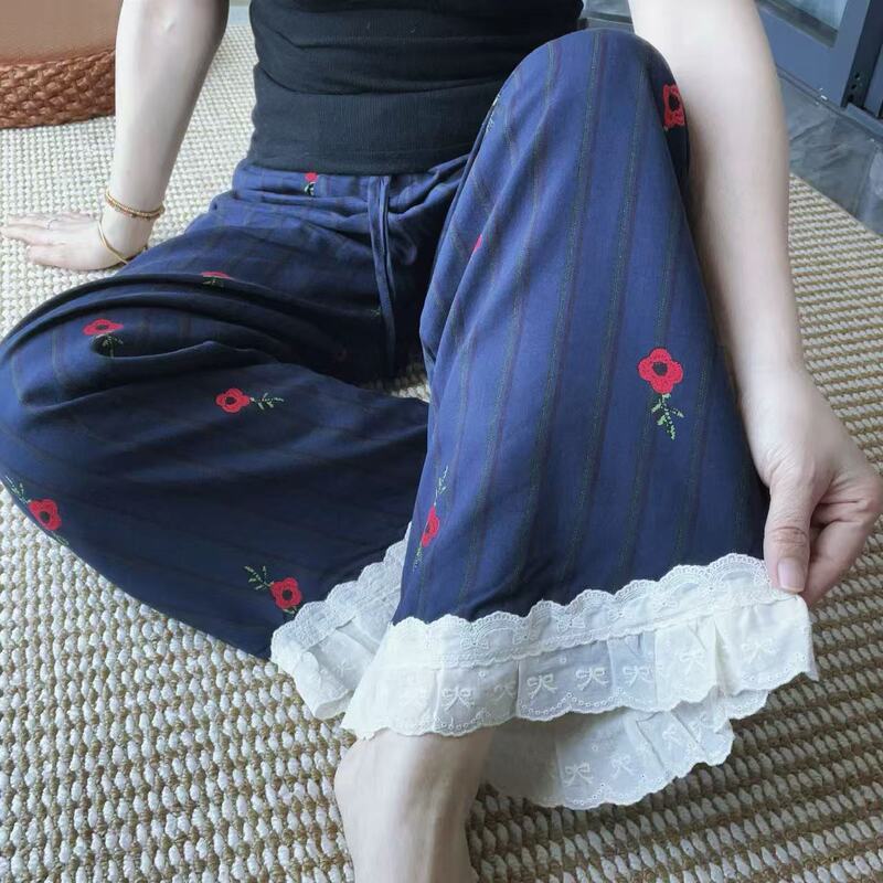 New Cotton Silk Pajama Pants for Women, Summer Thin Style, Japanese Mori Style, Sweet Lace Trim, Wide-Leg Pants, Loose Casual Pants New Cotton Silk Pajama Pants for Women, Summer Thin Style, Japanese Mori Style, Sweet Lace Trim, Wide-Leg Pants, Loose Casual Pants