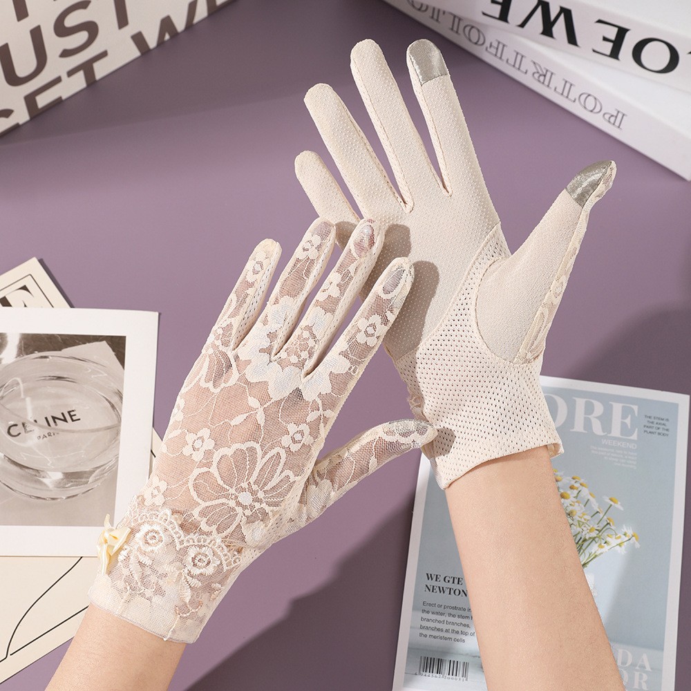 Nuevos guantes de protección solar para mujer primavera y verano al aire libre pantalla táctil encaje antideslizante arco fábrica al por mayor