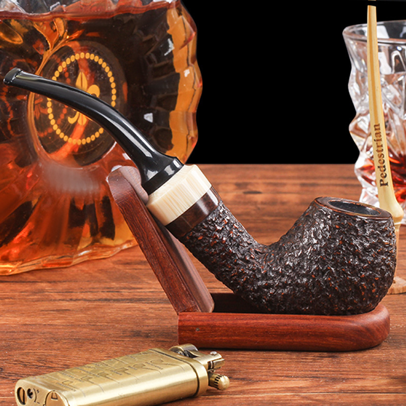 Vintage Men's Handmade Solid Wood Tobacco Pipe with White Ring, Long Bent Pipe for Beginners Gift