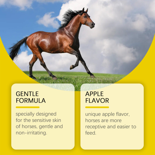 Apple-flavored horse dewormer with mild plant extracts, non-irritating, apple taste, portable package for horse use.