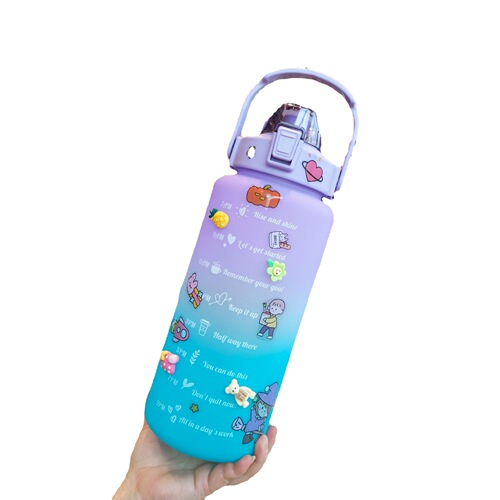 Large-capacity water bottle gradient color with straw sports frosted water cup portable handle adult drama cup free stickers