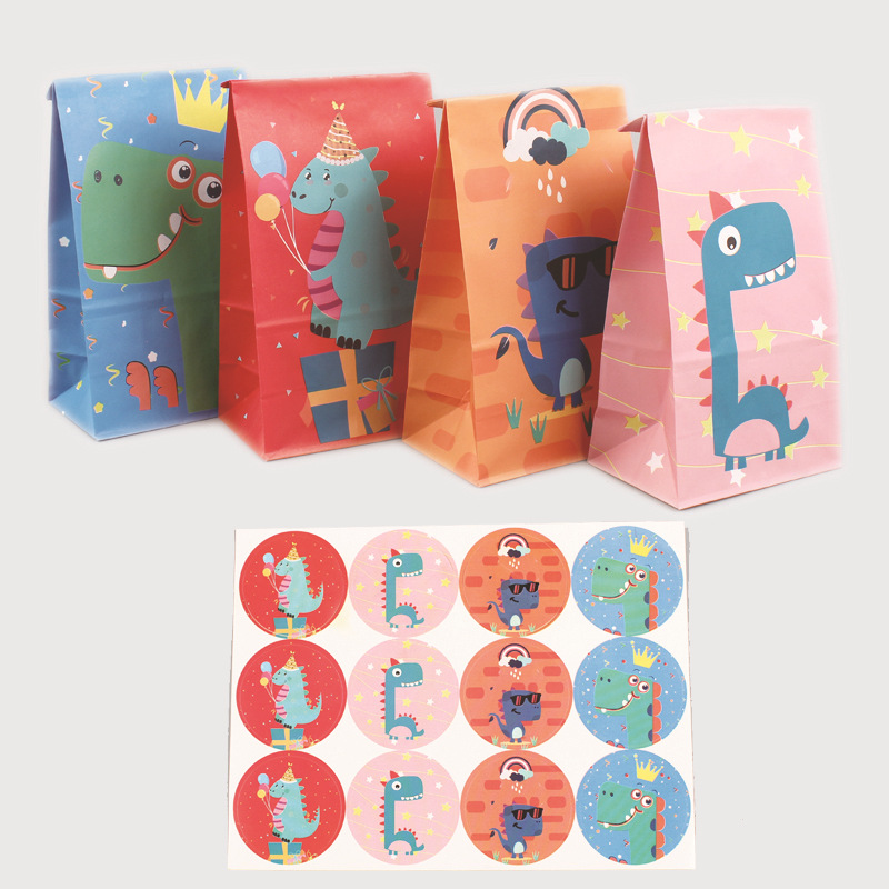 彩色恐龙七彩图案手提纸袋亚马逊礼品包装牛皮纸平口一次性打包袋