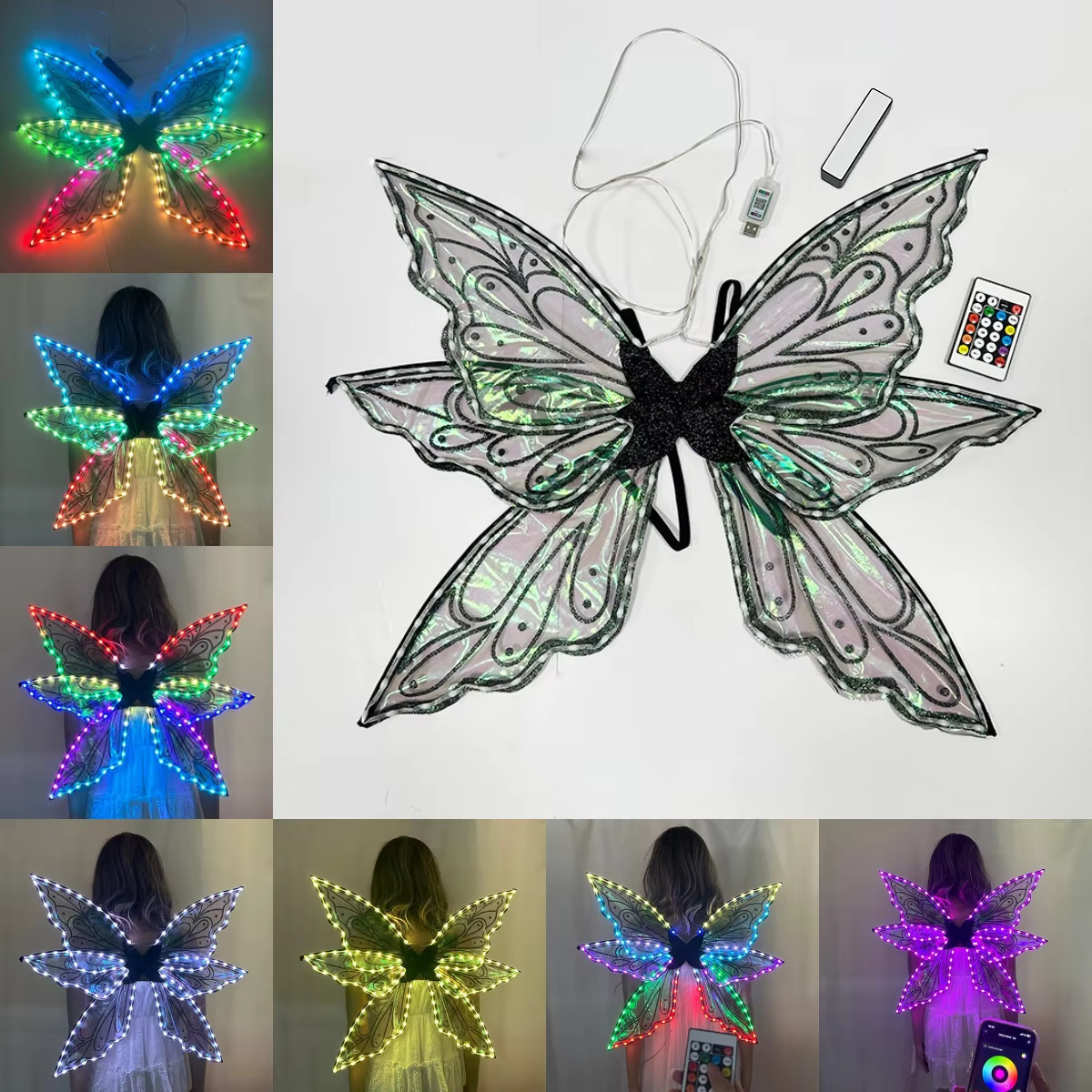 LED color fantasma agua negro estampado polvo mariposa brillante alas APP teléfono móvil control remoto fiesta escenario accesorios de vestir