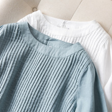 出口日本订单客供法国纯亚麻百褶套头长袖中长款气质文艺衬衣女