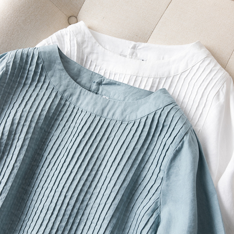 Export orders from Japan for French pure linen pleated pullover long sleeve mid-length elegant artistic shirt for women