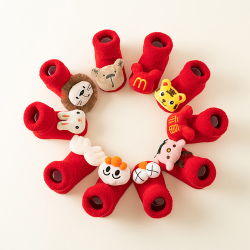 Newborn baby socks autumn and winter baby warm plus velvet red terry anti-slip Christmas floor socks toddler socks wholesale