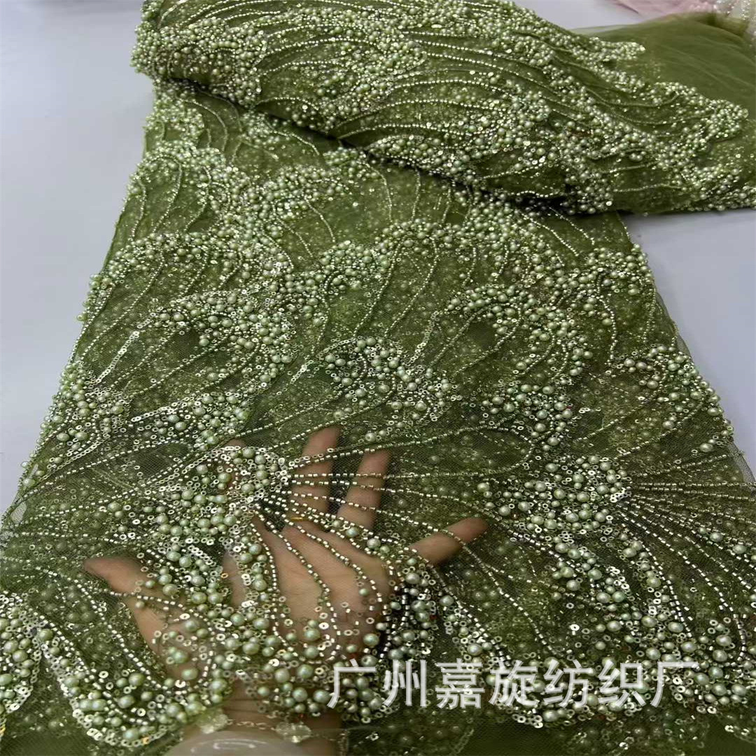 Industria pesada lentejuelas bordado tela vestido de novia cheongsam encaje cuentas de encaje de alta calidad JX3795