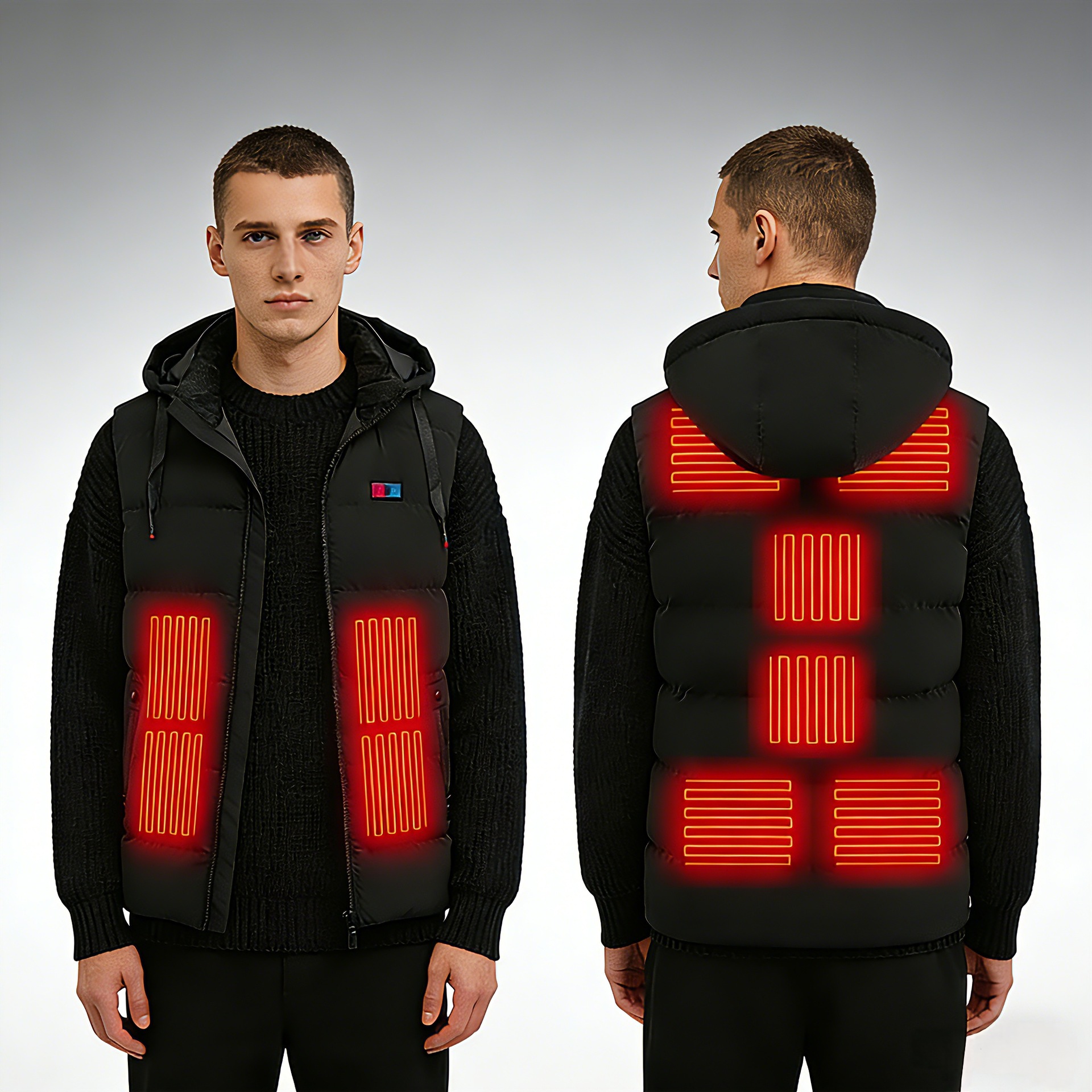 Chaleco térmico inteligente de doble control con capucha, modelo con carga USB, chaleco térmico de alta calidad de la fábrica original de ropa y accesorios.