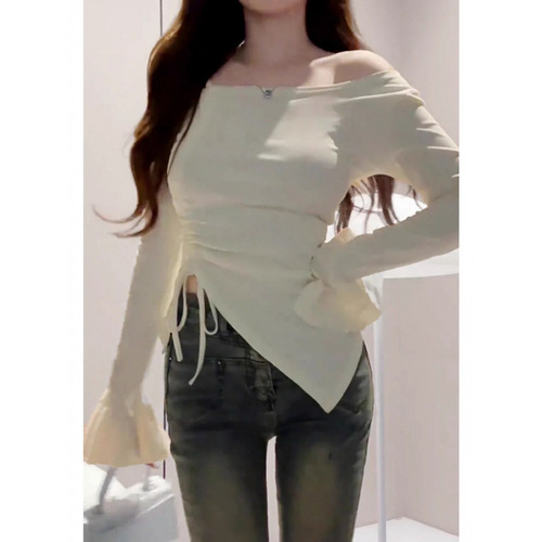 Summer bell-sleeve off-shoulder T-shirt for women: edgy, asymmetrical design that's slimming and figure-flattering—perfect as a chic base layer with drawstring details.
