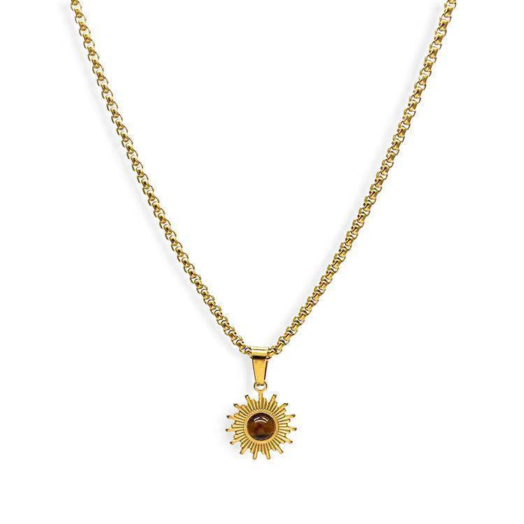 Sunflower Pendant Necklace With Tiger Eye Stone For Men_voghion.com