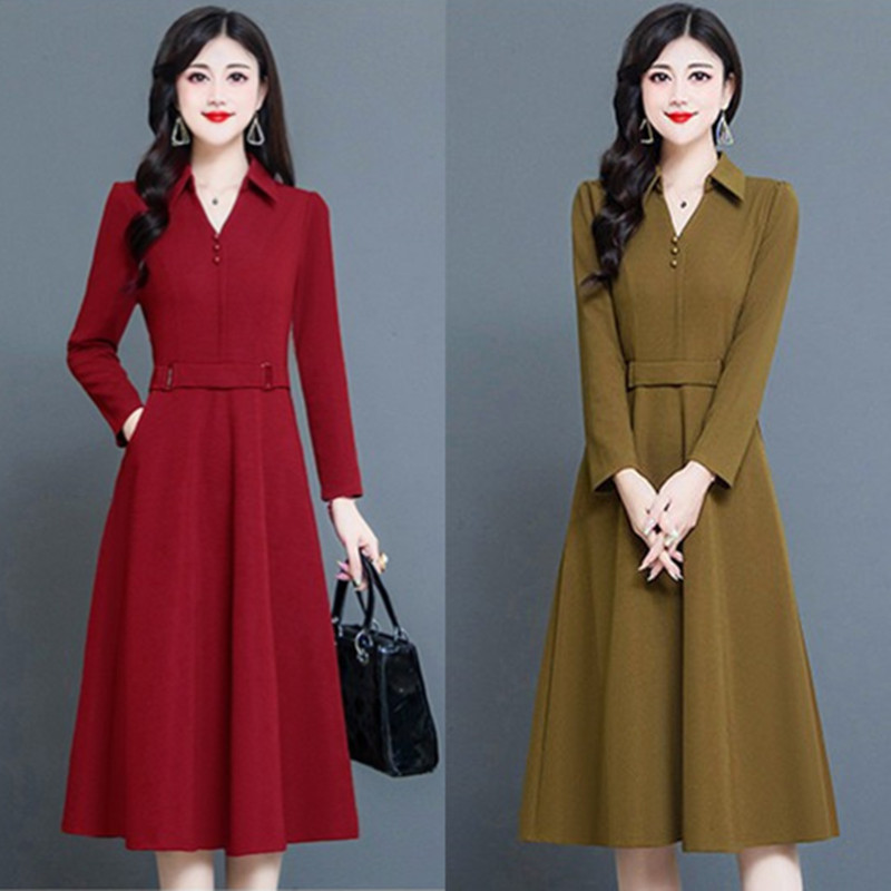 气质名媛时尚连衣裙女2023新款秋冬长袖加绒收腰显瘦衬衫款长裙子