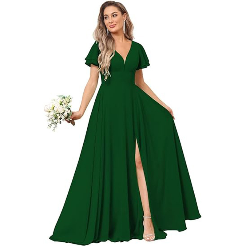 European and American Cross-Border Export New Women's Short-Sleeved Bridesmaid Dress Long V Neck Slit Chiffon Formal Evening Dress for Women