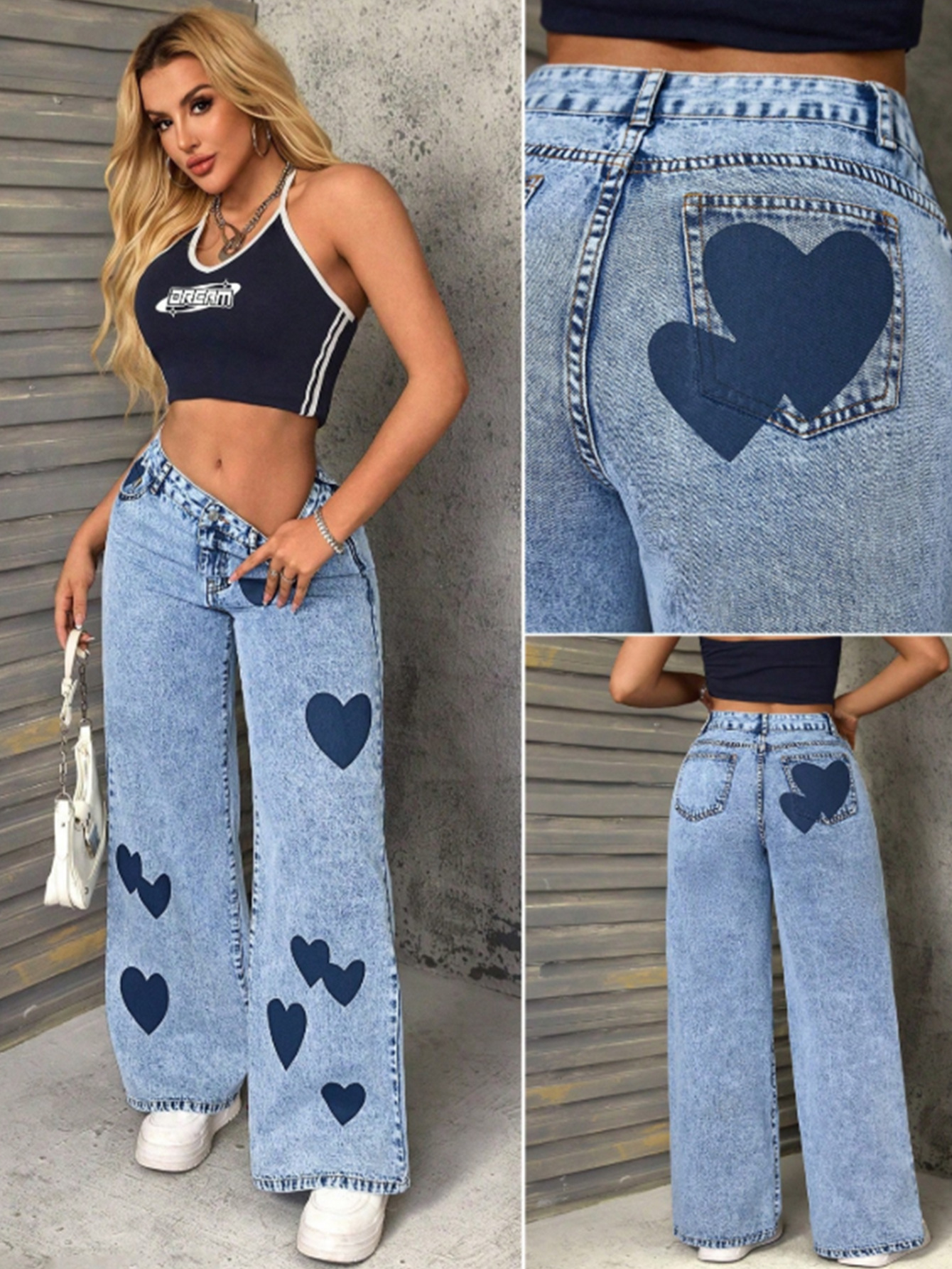 Women's Clothing Retro Women's Denim Trousers Heart Print Loose Fit European American Style For Formal & Casual_ecoleips.com