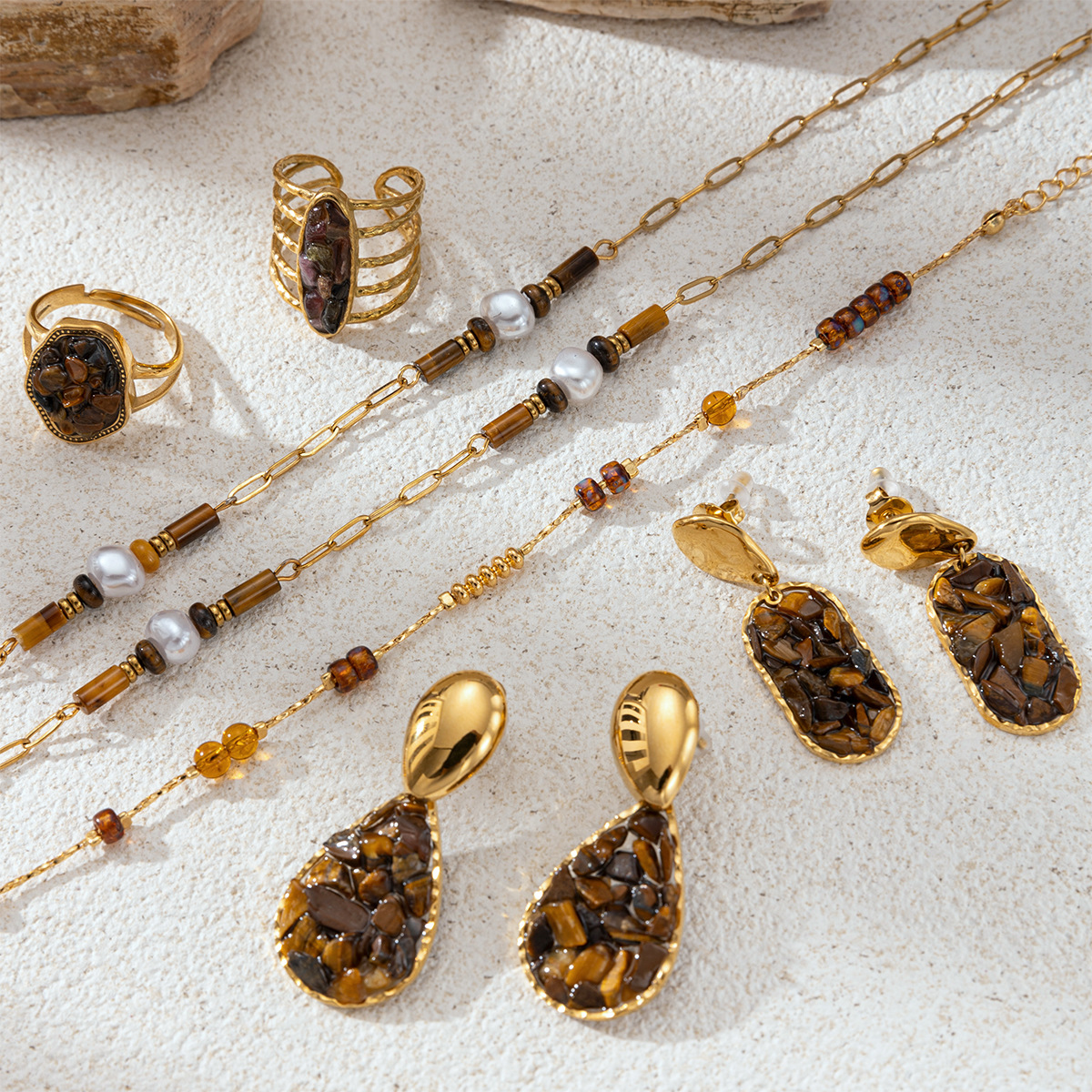 Collar de acero inoxidable TENA, lujo ligero, nicho, colgante de piedra de ojo de tigre natural, conjunto de pernos transfronterizos, explosión