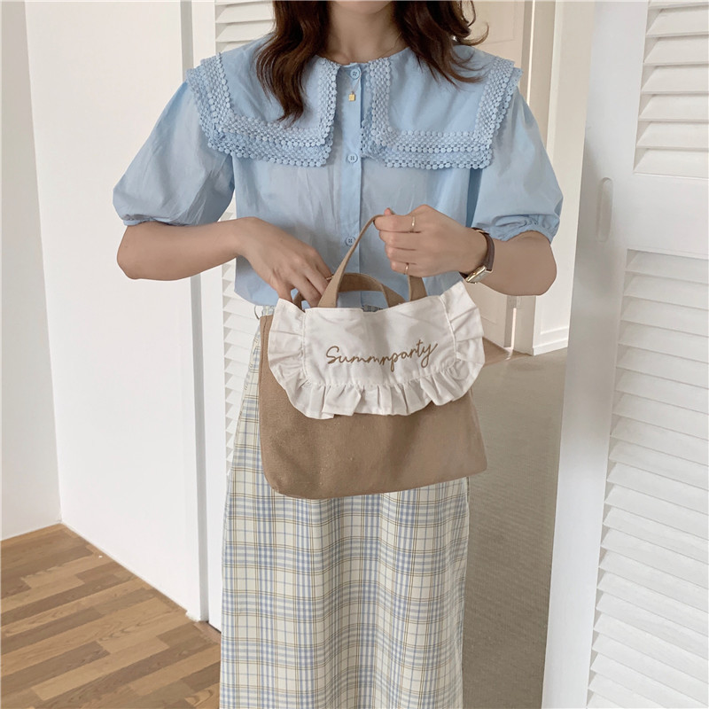 1441 Japanese and Korean chic Sweet ruffled bento Bag, Fresh embroidered hand-held small cloth bag, girl student bag wholesale undefined