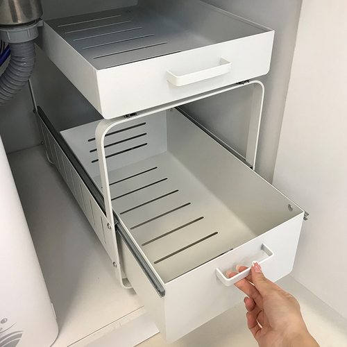 Double-layer drawer-type storage rack under the kitchen sink, homemade dish storage multi-functional pull basket in the cabinet