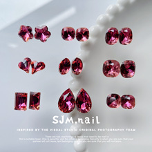 日系美甲玫红系列超闪水滴尖底钻 高品K9歪心穿戴甲DIY装饰品批发