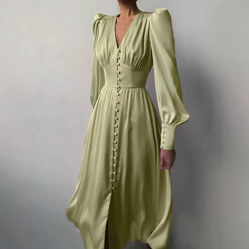 2025 European and American Women's Clothing Amazon Satin Dress Lantern Sleeves Waist Slimming Look European and American Elegant Slim Long Skirt