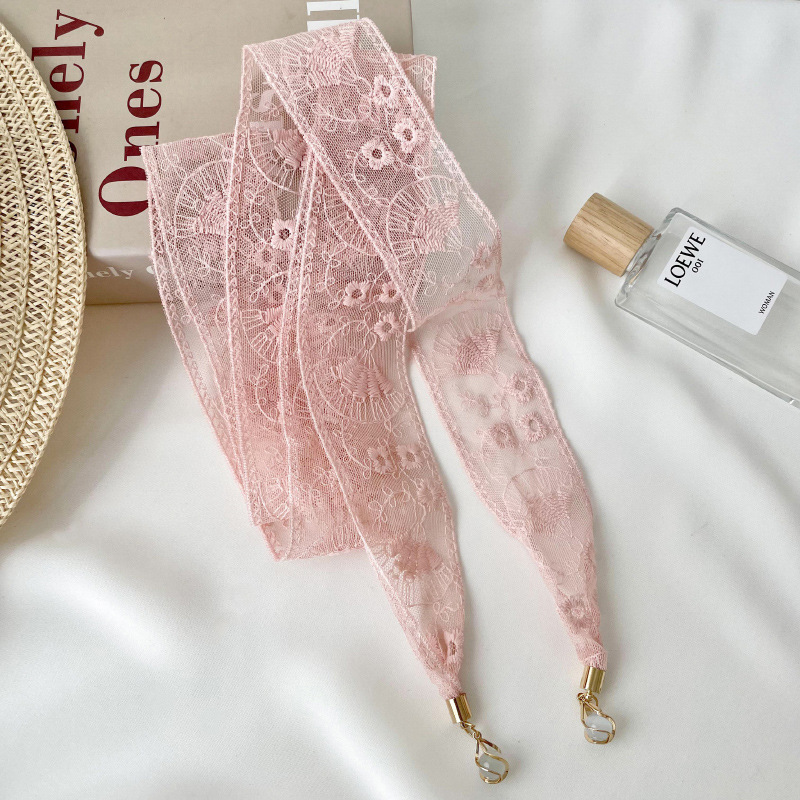 Pequeña correa de cabello personalizada nueva flor de encaje coreano decoración bufandas pequeñas bufandas delgadas colgante largo seda