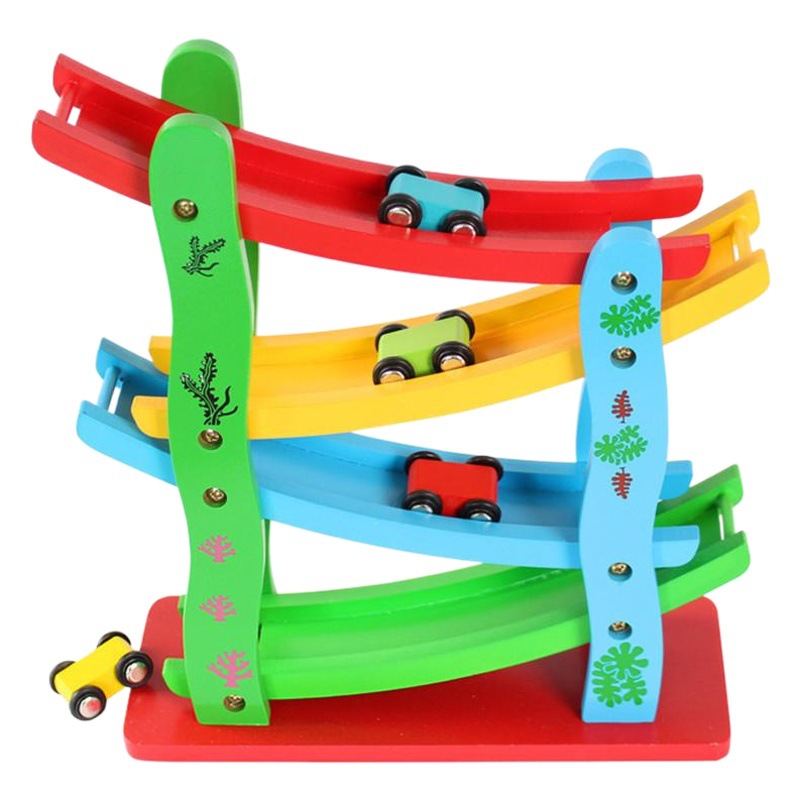 Pista de Carreras de Madera para Niños, Divertida, de Cuatro Niveles, con Autos de Deslizamiento, Educativa, de Cuatro Colores, Juguete de Autos de Alta Velocidad, Venta al por Mayor