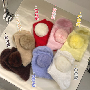 Winter New dopamine color big velvet fur ball cute Rex rabbit fur girl Lolita warm pile socks for women