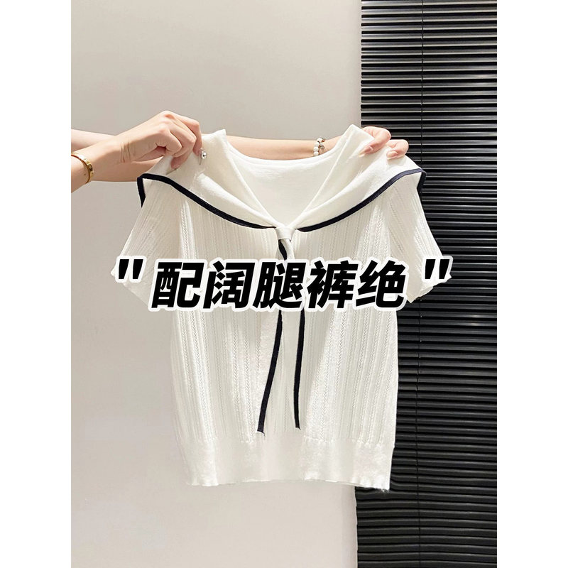 I Love the Gentle Korean Style! College-Style Navy Collar Tie-Up Knit Short-Sleeve T-Shirt for Women with a Youthful Design