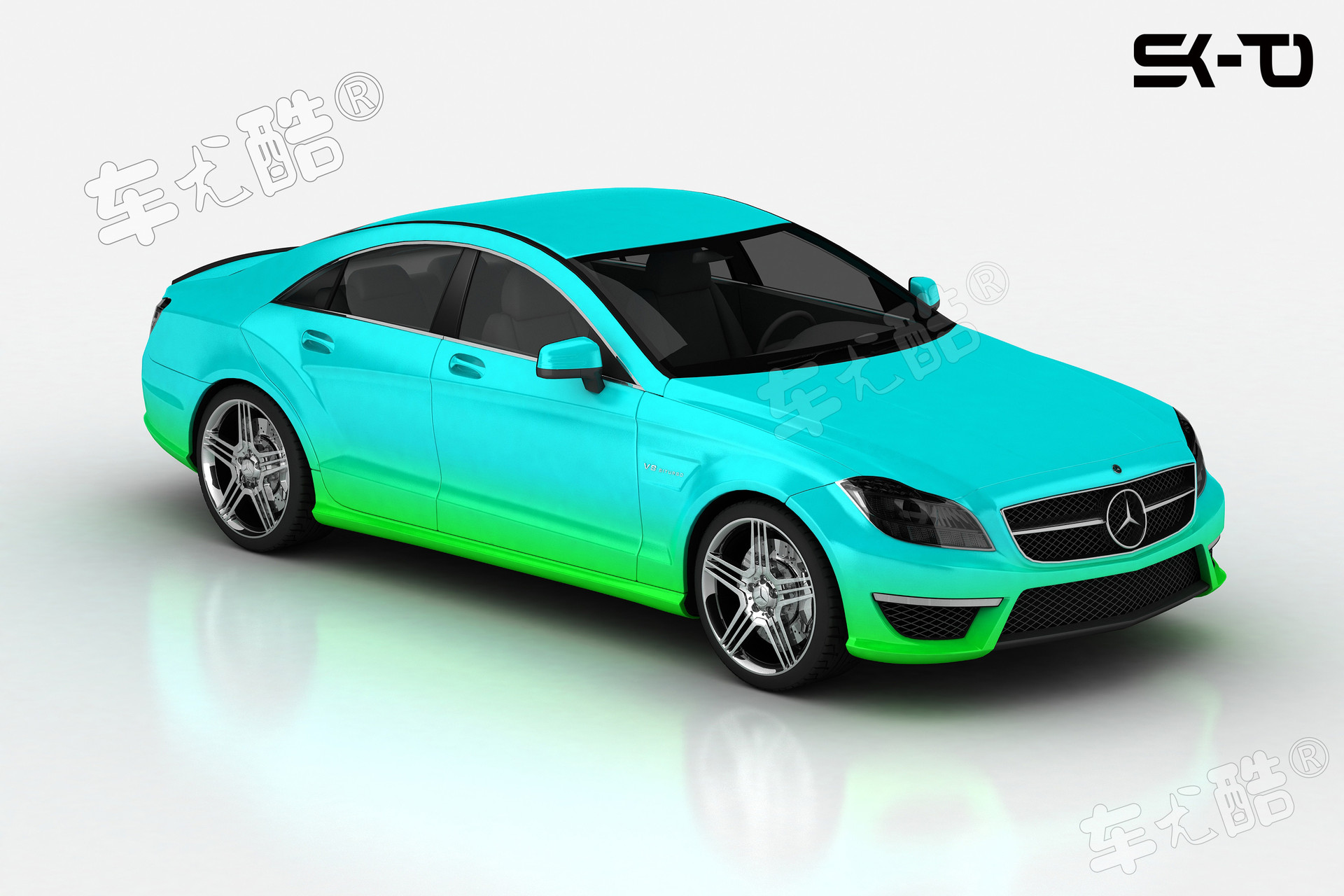 彩绘汽车改色膜 汽车涂鸦膜 个性改装车 青绿渐变贴膜贴纸