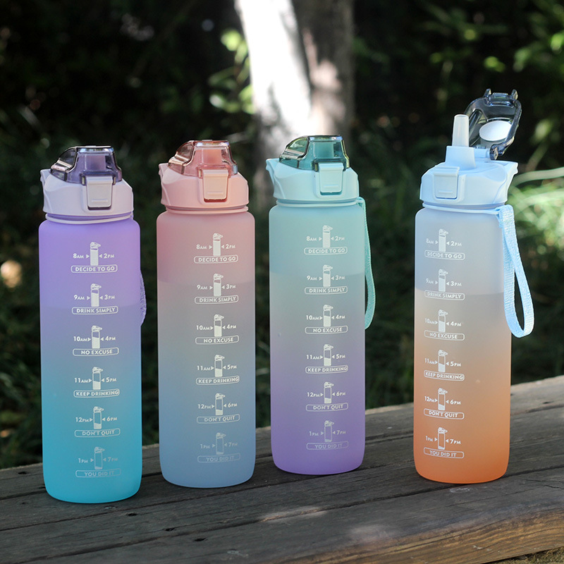 Gradiente de color botella de agua esmerilado espacio taza portátil cuerda boquilla de succión taza de agua 1000ml gimnasio deportes hervidor transfronterizo