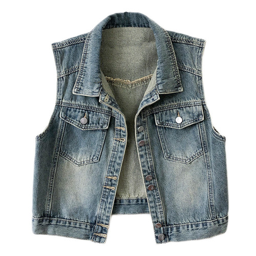 Women's Short-Sleeve Vintage Cowboy Vest for Spring and Autumn, 2025 New Korean Style Slimming Tank Top and Cardigan