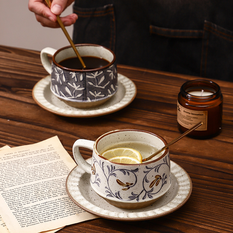 Taza de café comercial juegos de taza de café retro taza de café con flores simple taza de té de leche de flores taza de cerámica japonesa taza de platos al por mayor