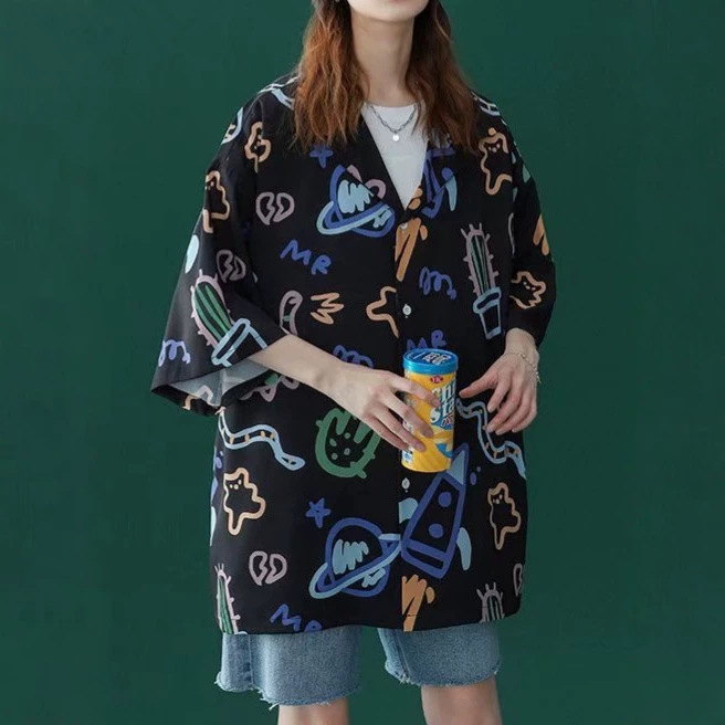 Graffiti Mickey Floral Shirt for Women, Short Sleeve, 2026 Summer, Hong Kong Style, Loose Fit, Stylish for Young Girls and Students, Polo Shirt