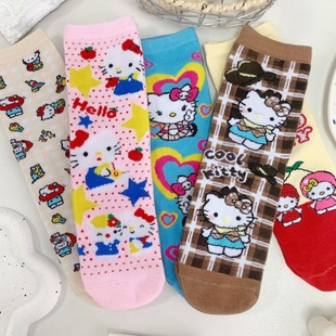 Spring and Summer New Kt Cat Mid-Calf Socks for Women, Cute and Versatile Cartoon Hello Kitty Sweat-Absorbent and Deodorant Boneless Socks