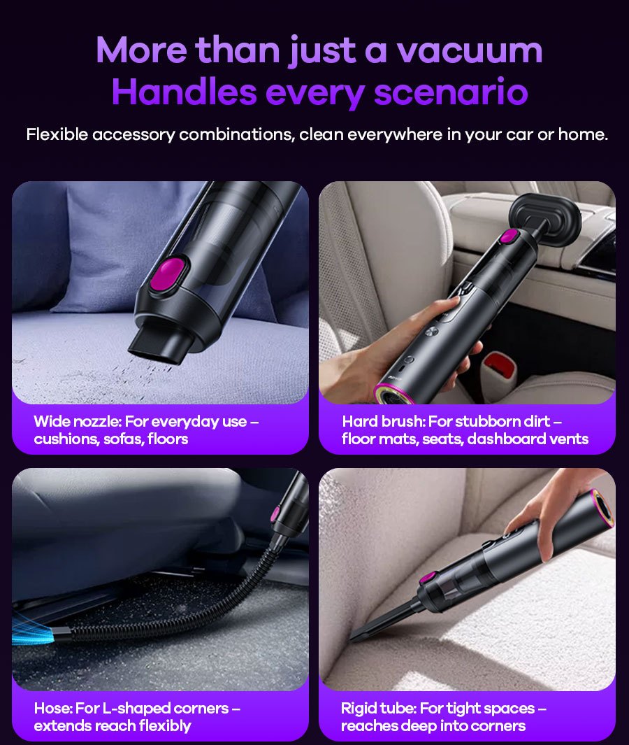 REMAX Rui Liang car-mounted, cordless, brushless vacuum cleaner with integrated blowing and suction functions, featuring a built-in light and long battery life for convenient portability