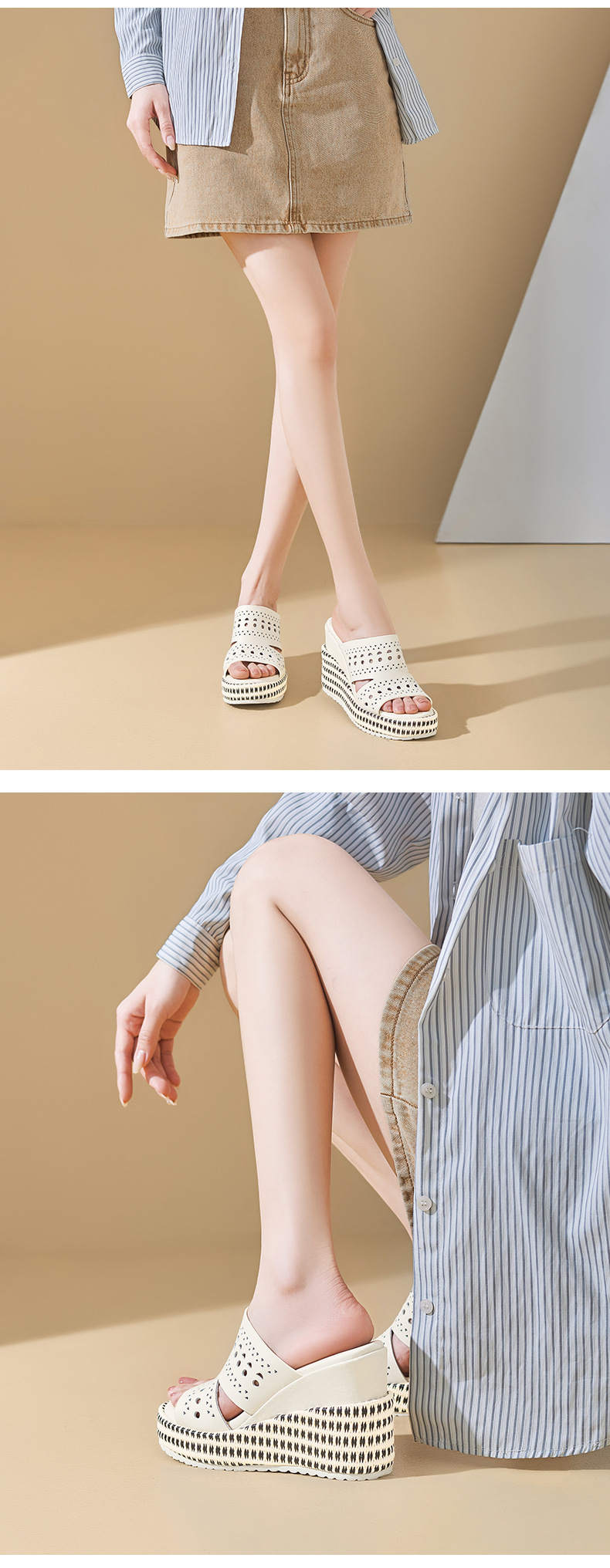 Sandal hở mũi nữ da bò cao cấp đế xuồng tăng chiều cao — màu đen, Trắng kem-, màu mơ chi tiết 7