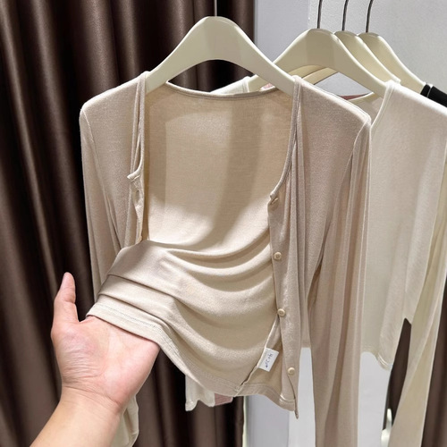 Black ice silk knitted sunscreen cardigan for women in summer with suspender skirt with small shawl jacket thin air conditioning blouse