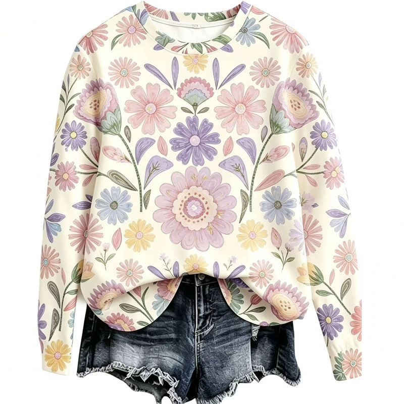 Women's fresh style hand-painted floral print round neck long-sleeve top, loose fit, dropped shoulder, casual pullover, long-sleeve outerwear Women's fresh style hand-painted floral print round neck long-sleeve top, loose fit, dropped shoulder, casual pullover, long-sleeve outerwear