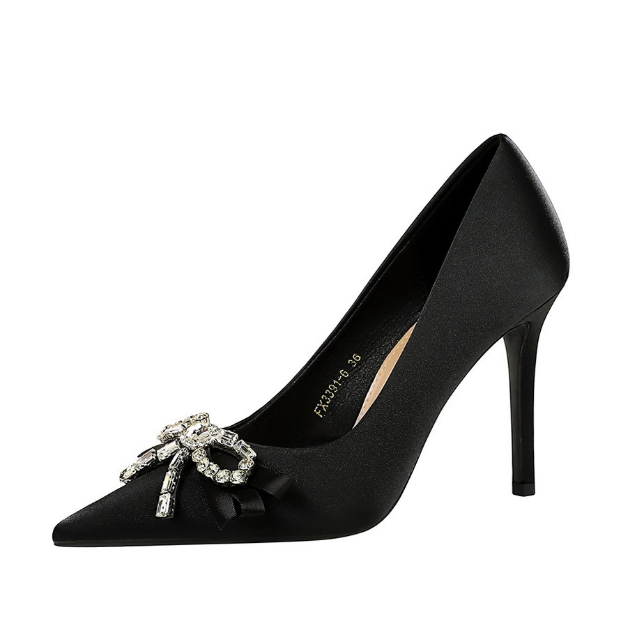 3391-H133 French style elegant rhinestone bow temperament super high heels women's shoes pointed shallow mouth slim single order shoes