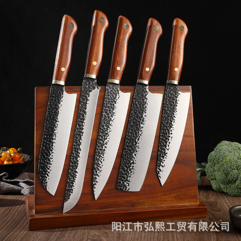 厨房刀具套装西式主厨刀5件套原木柄锤纹料理刀源头工厂跨境菜刀