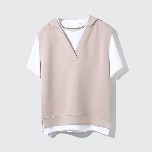 Air Layer False Two-Piece Short Sleeve Sweatshirt for Women, Summer Korean Version Hooded Loose Slimming T-Shirt Simple Top