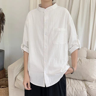 白色棉麻短袖衬衫男夏季新款潮流百搭半袖衬衣男士休闲纯色上衣服