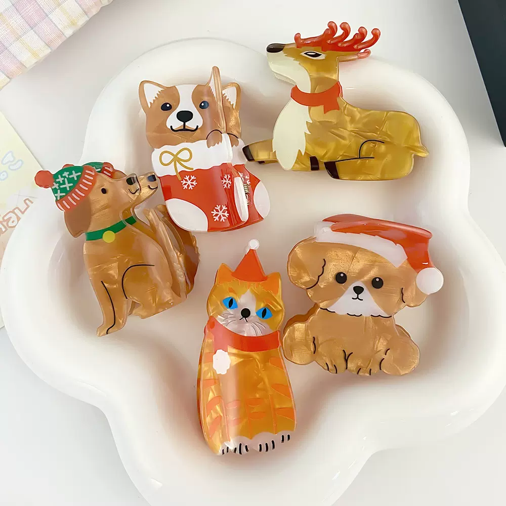 新款创意发夹可爱卡通圣诞麋鹿亚克力动物小狗抓夹甜美头饰发夹