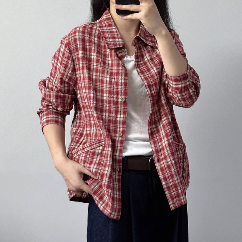 宽松棉麻大码复古格子衬衫外套女春秋款设计感小众宽松长袖上衣女|undefined