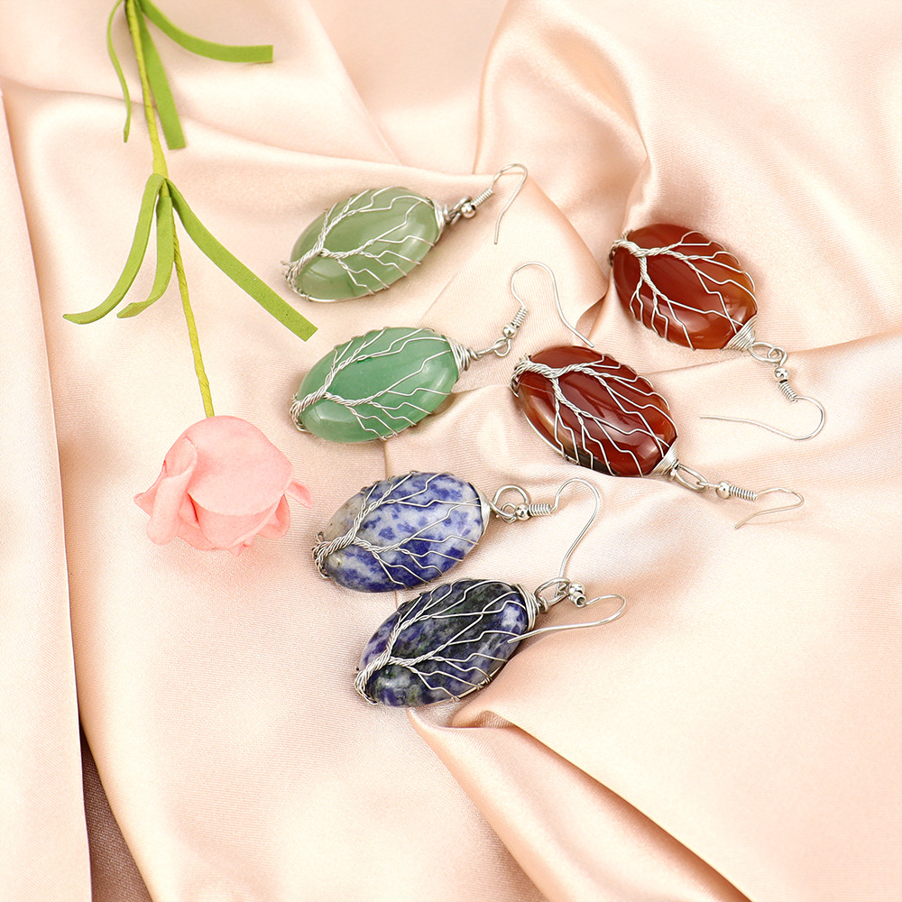 1 Pair Ethnic Style Tree Oval Alloy Natural Stone Handmade Drop Earrings display picture 5