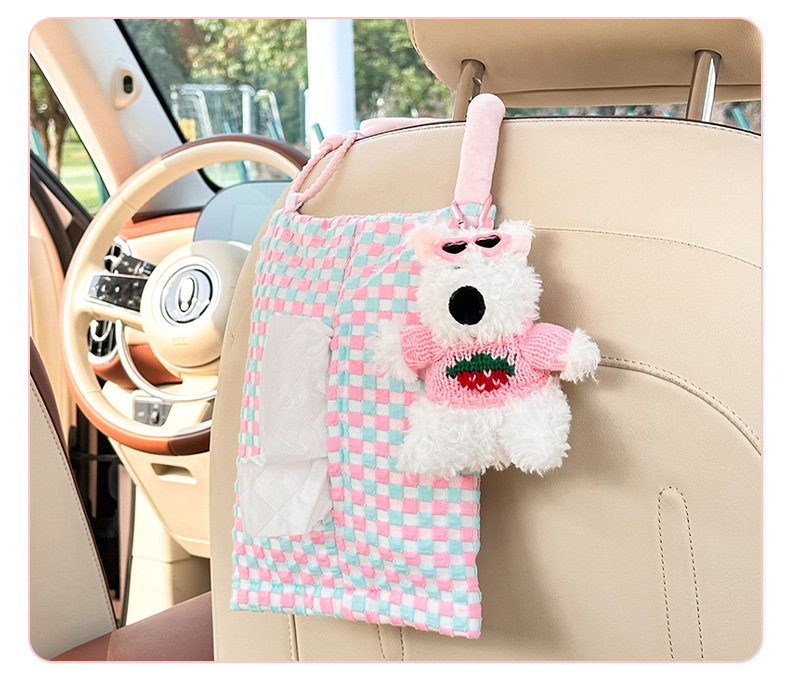 Blue Rain Car Tissue Box Cute Checkerboard Car Seat Back-Mounted Tissue Bag Creative Car Decoration Supplies