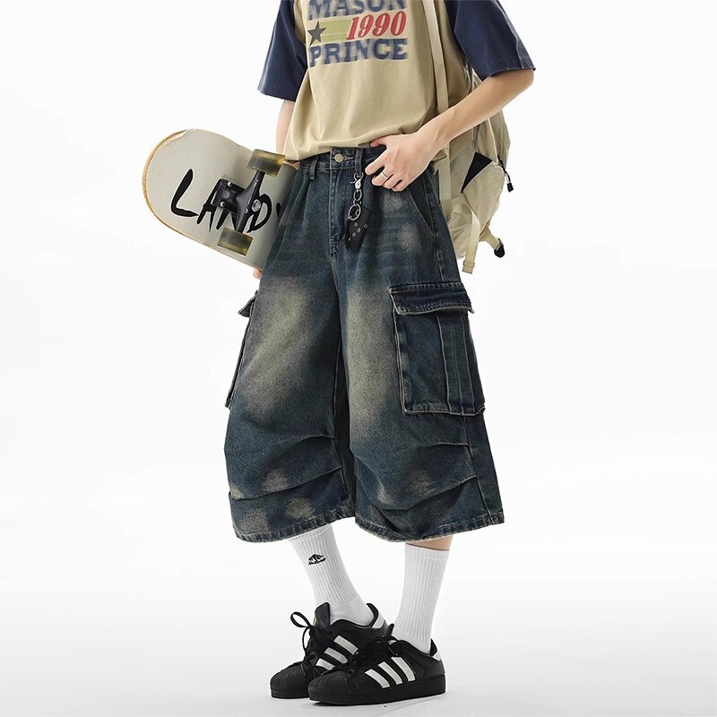 American-Style Pleated Workwear Cropped Jeans for Men and Women, Summer Trendy Brand Design with Large Pockets, Wide-Leg Pants, Over-The-Knee Mid-Length Pants